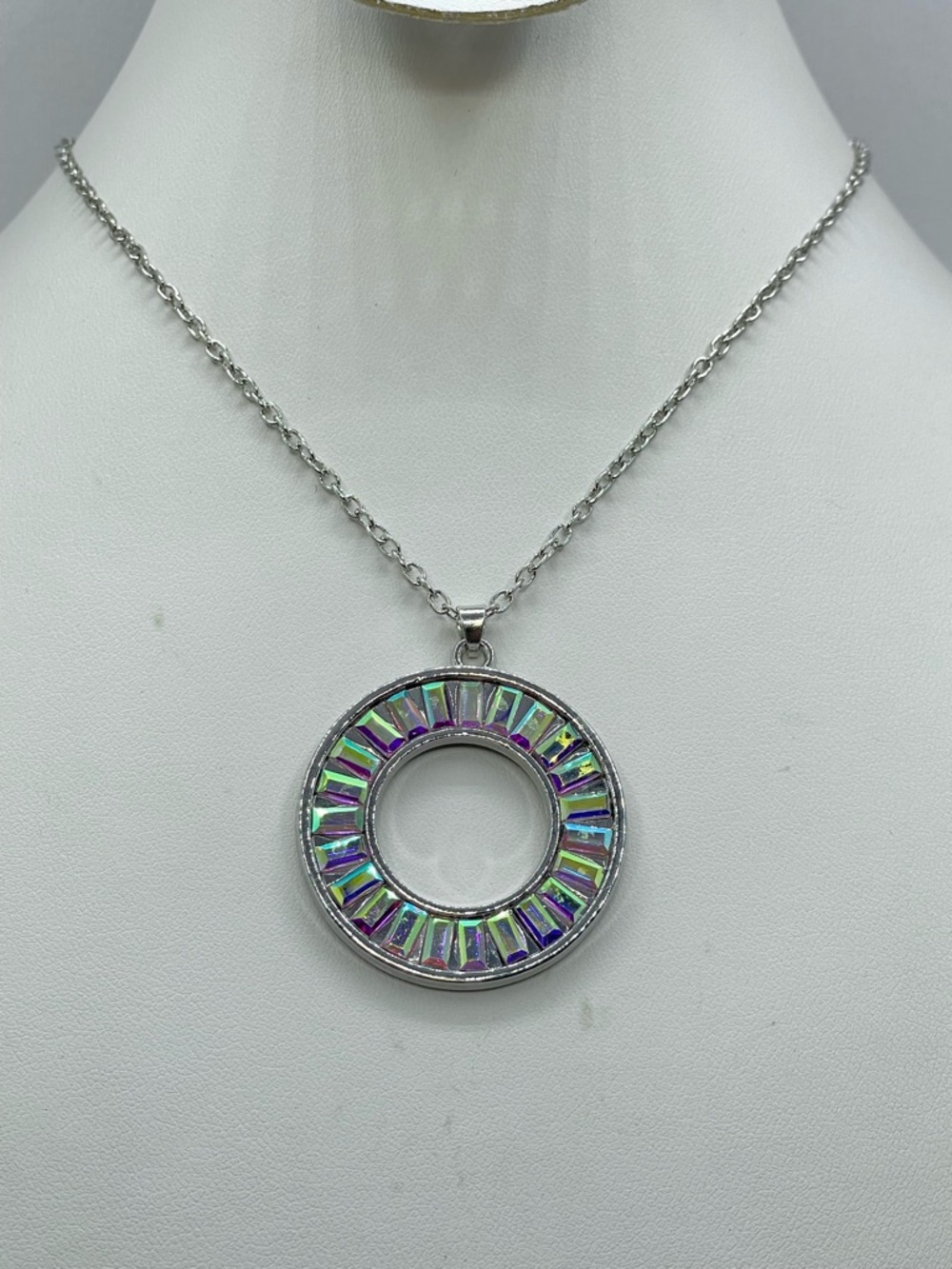 Silver Tone AB Crystal Circle Pendant Necklace Iridescent Baguette Halo